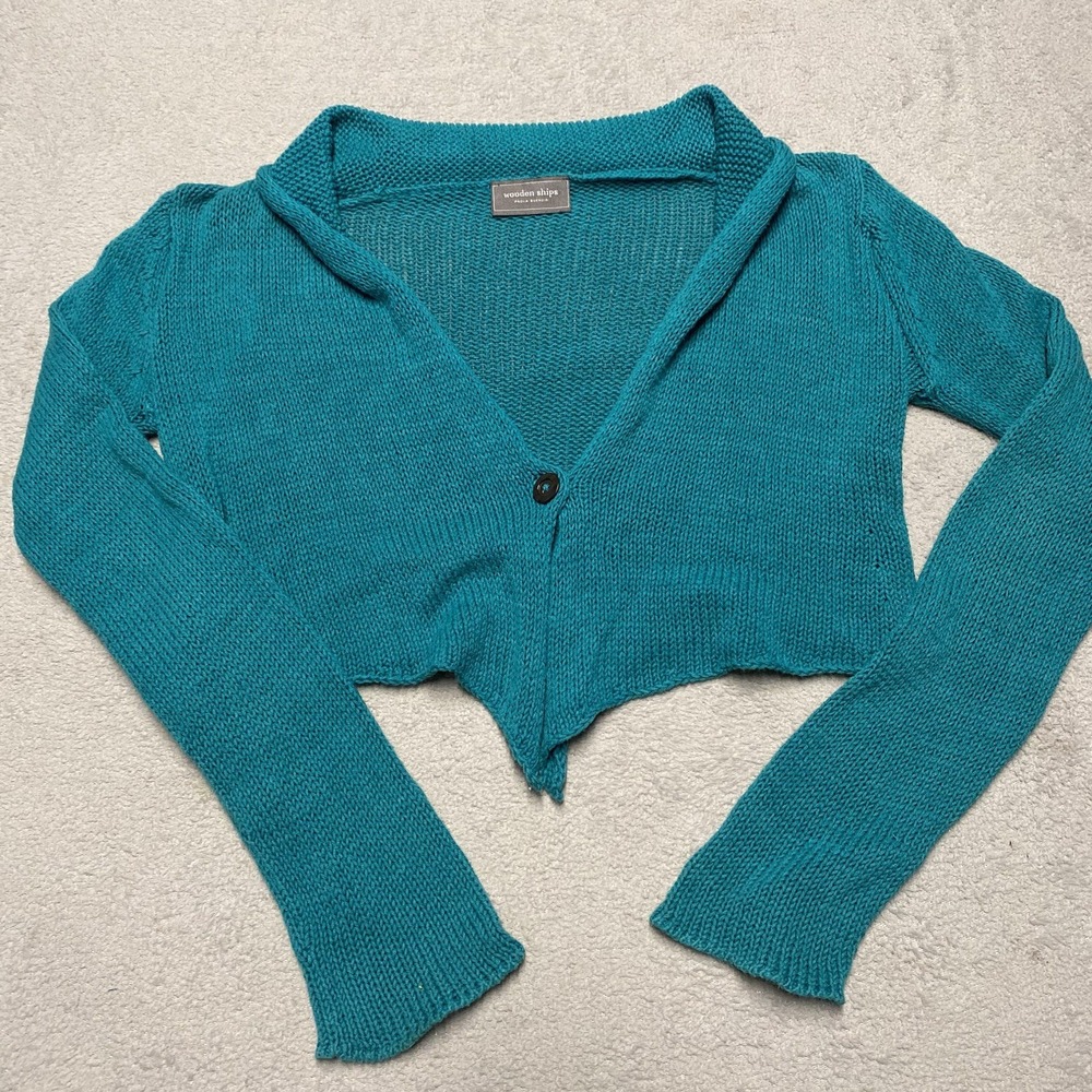 Wooden Ships Sweater S/M Blue Knit Cardigan Cropped Open‎ Knit Lightweight
